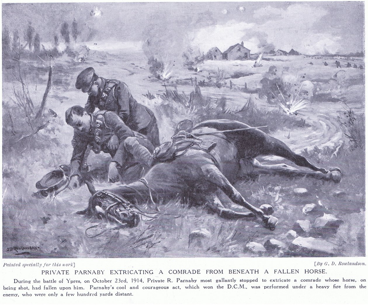 Parnaby közlegény DCM kitüntetést kapott, mert 1914 októberében egy bajtársát egy elesett ló alól húzta ki heves tűz alatt. alkotó: George Derville Rowlandson