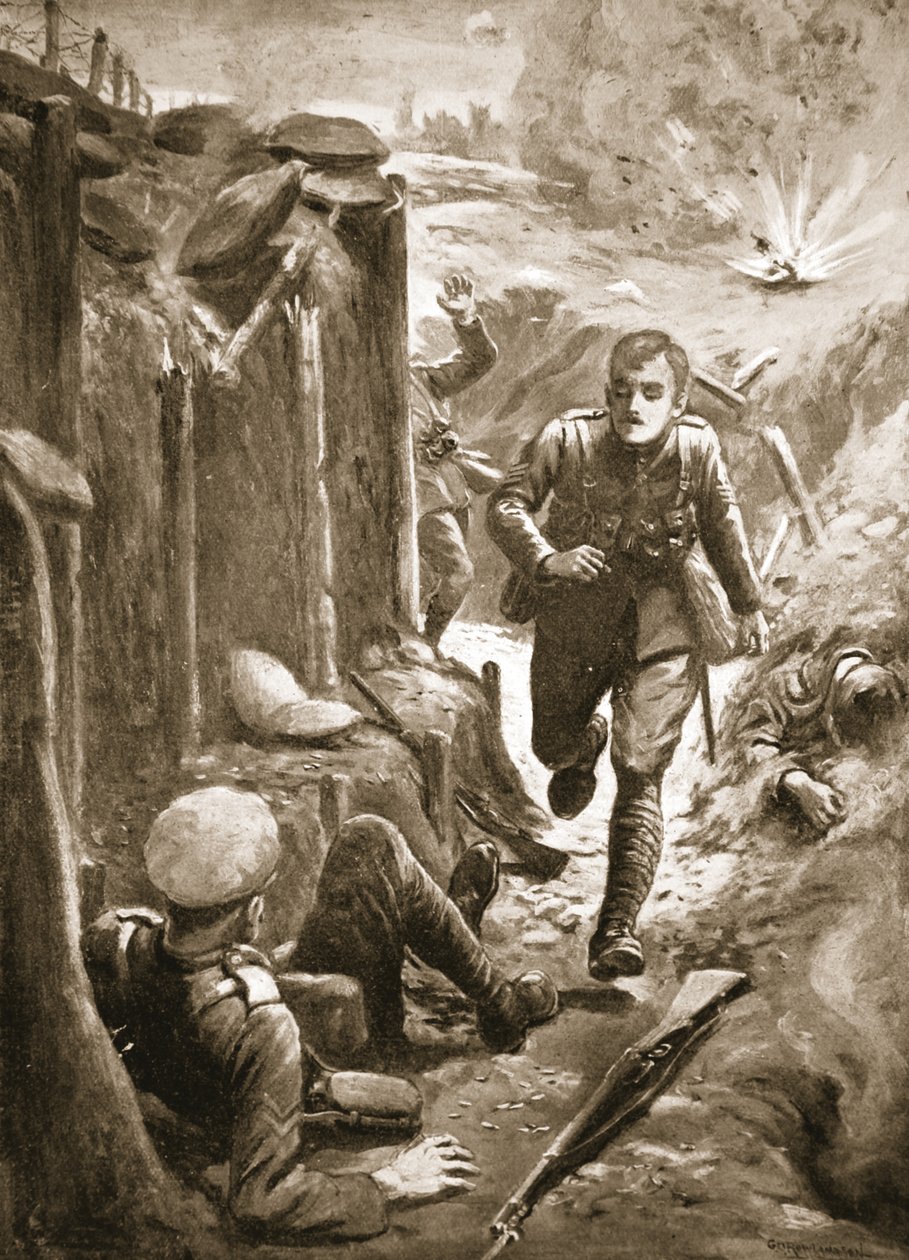 Tuersley őrmester rohant, hogy segítsen egy sebesült tizedesnek, akinek a lábának felét egy lövedék elsodorta alkotó: George Derville Rowlandson