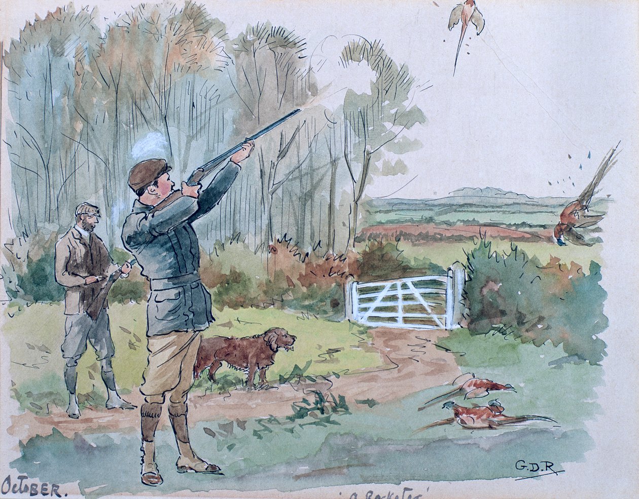 Október hónap: Fácánlövés (toll, tinta és WC papíron) alkotó: George Derville Rowlandson