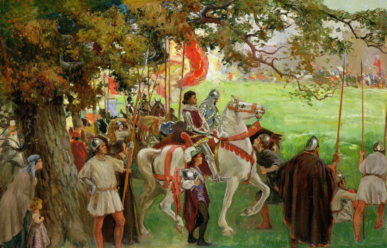 Knights Assembling, Sir Arthur Conan Doyle (1859-1930) „Sir Nigel and the White Company”-ból (olaj, vászon a fedélzeten) (lásd még: 141515) alkotó: George Edmund Butler