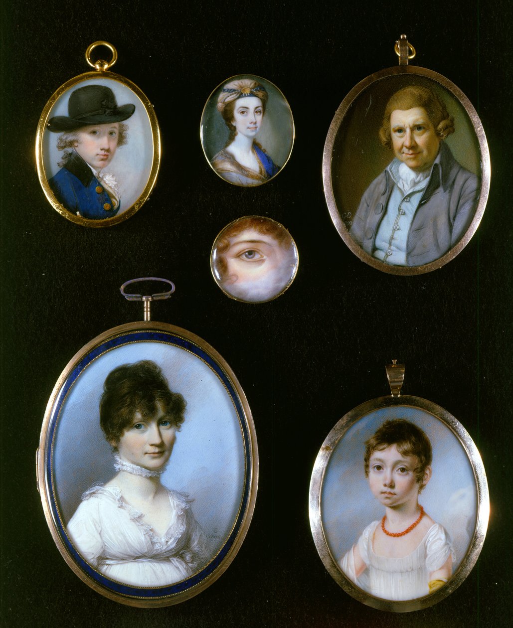 Portré miniatúrák, LtoR és TtoB: Sir Thomas Terney; Ismeretlen nő; William Alton; Szem portréja; Ismeretlen nő (1750-1829); Ismeretlen lány – J.C.D. Engleart (1784-1862) alkotó: George Engleheart