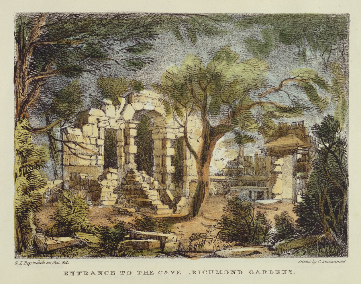 A barlang bejárata, Richmond Gardens, 18. tábla a „Kew Gardens: A Series of Twenty-4 Drawings on Stone”-ból, Charles Hullmandel (1789-1850) metszete, 1820-ban megjelent (kézzel színezett litó) alkotó: George Ernest Papendiek