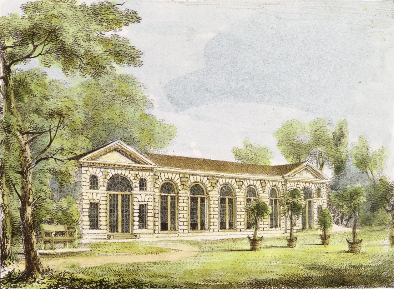 Orangery, Kew Gardens, 11. tábla a „Kew Gardens: A Series of Twenty-4 Drawings on Stone”-ból, Charles Hullmandel (1789-1850) metszete, 1820-ban megjelent (kézzel színezett litho) alkotó: George Ernest Papendiek