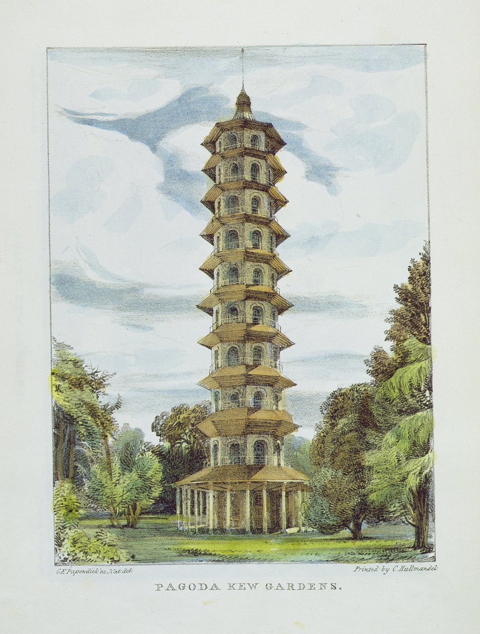 Pagoda, Kew Gardens, 9. tábla a „Kew Gardens: A Series of Twenty-4 Drawings on Stone”-ból, Charles Hullmandel (1789-1850) metszete, 1820-ban megjelent (kézzel színezett litó) alkotó: George Ernest Papendiek