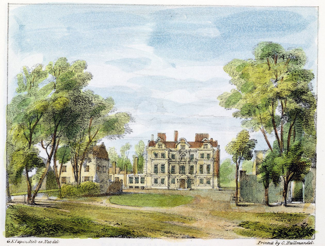 Déli front, Old Palace, Kew Gardens, 2. tábla a „Kew Gardens: A Series of Twenty-4 Drawings on Stone”-ból, Charles Hullmandel (1789-1850) metszete, 1820-ban megjelent (kézzel színezett litó) alkotó: George Ernest Papendiek