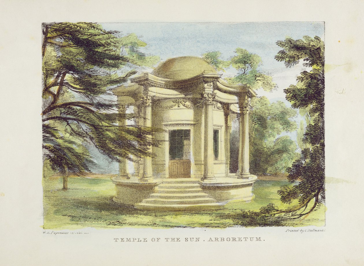 Győzelem temploma, Kew Gardens, 19. tábla a „Kew Gardens: A Series of Twenty-Four Drawings on Stone”-ból, Charles Hullmandel (1789-1850) metszetében, 1820-ban (kézzel színezett litó) alkotó: George Ernest Papendiek