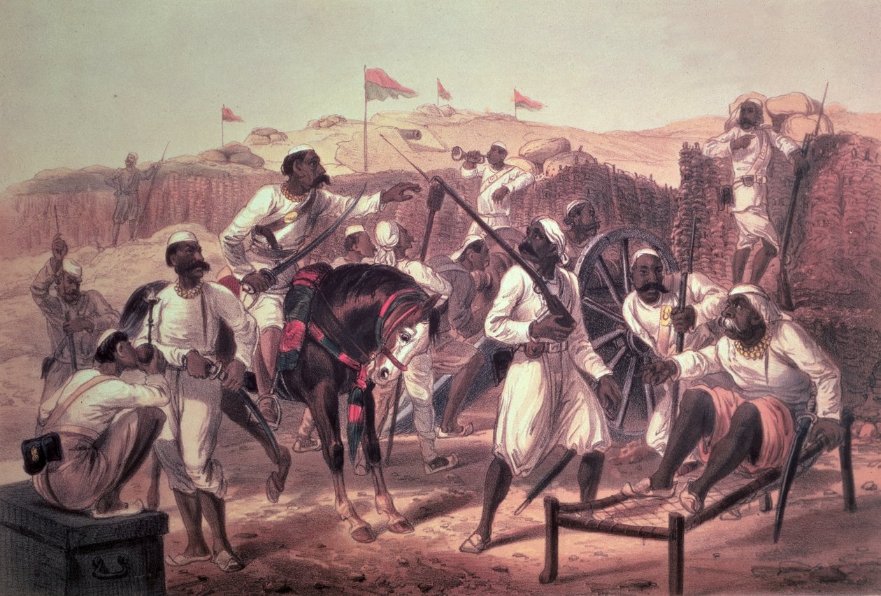 Lázadó szepoikák, a Day és Fiú által kiadott "Az 1857-58-as indiai hadjárat a nagy lázadás eseménydús időszakában készült rajzokból..." című kötetből, 1857-58. alkotó: George Francklin Atkinson