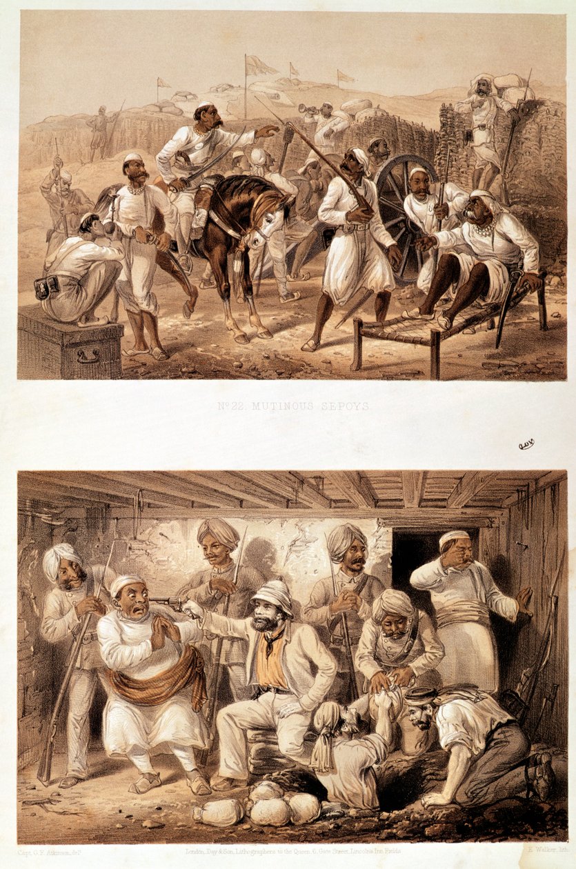 Az 1857-es indiai lázadás két jelenete, amelyek a lázadó katonákat és egy angol ügynököt ábrázolják, amint Delhi elfoglalása után kincset szereznek. alkotó: George Francklin Atkinson