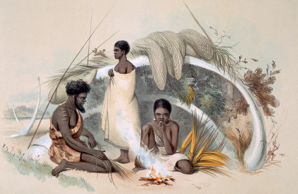 Az Encounter Bay bennszülöttei, zsinórt készítenek halászhálókhoz egy bálna bordáiból kialakított kunyhóban, a „South Australia Illustrated”, 1847-ben megjelent (kézzel színezett metszet) alkotó: George French Angas