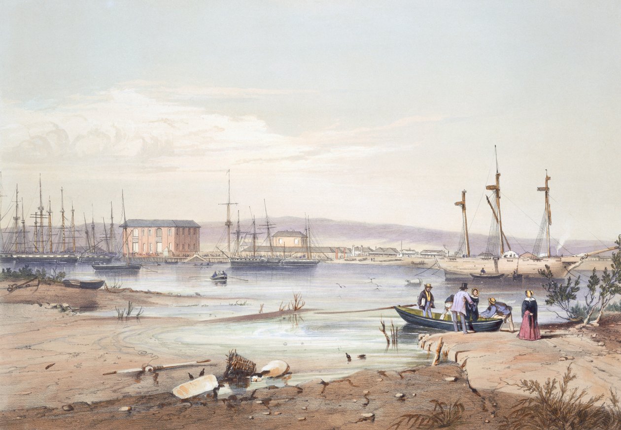 „Port Adelaide” a „South Australia Illustrated”-ből, 1847-ben (kézzel színezett metszet) alkotó: George French Angas