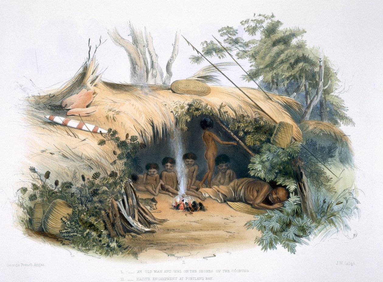 Az őslakosok, II. Native Campment at Portland Bay, „Cold Morning” és családja, a „South Australia Illustrated”-ből, 1847-ben (kézzel színezett metszet) alkotó: George French Angas