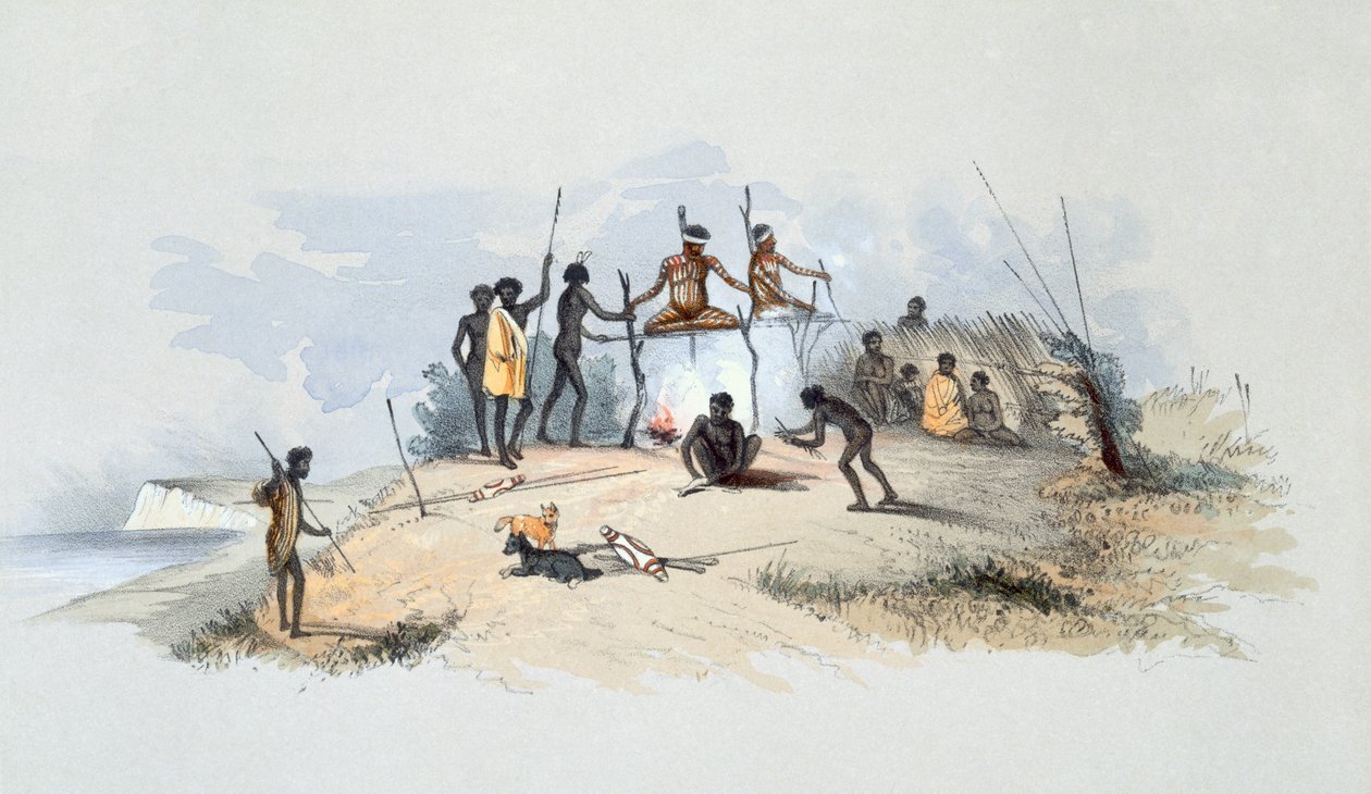 The Aboriginal Inhabitants: Native Tombs and Means of Disposing of their Dead, a „South Australia Illustrated”-ből, 1847-ben (kézzel színezett metszet) alkotó: George French Angas