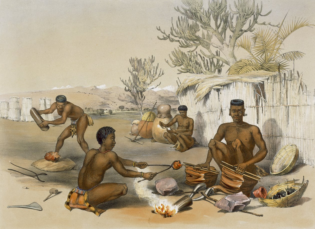 Zulu kovácsok munkában, 23. tábla a „The Kafirs Illustrated”-ből, 1849 alkotó: George French Angas