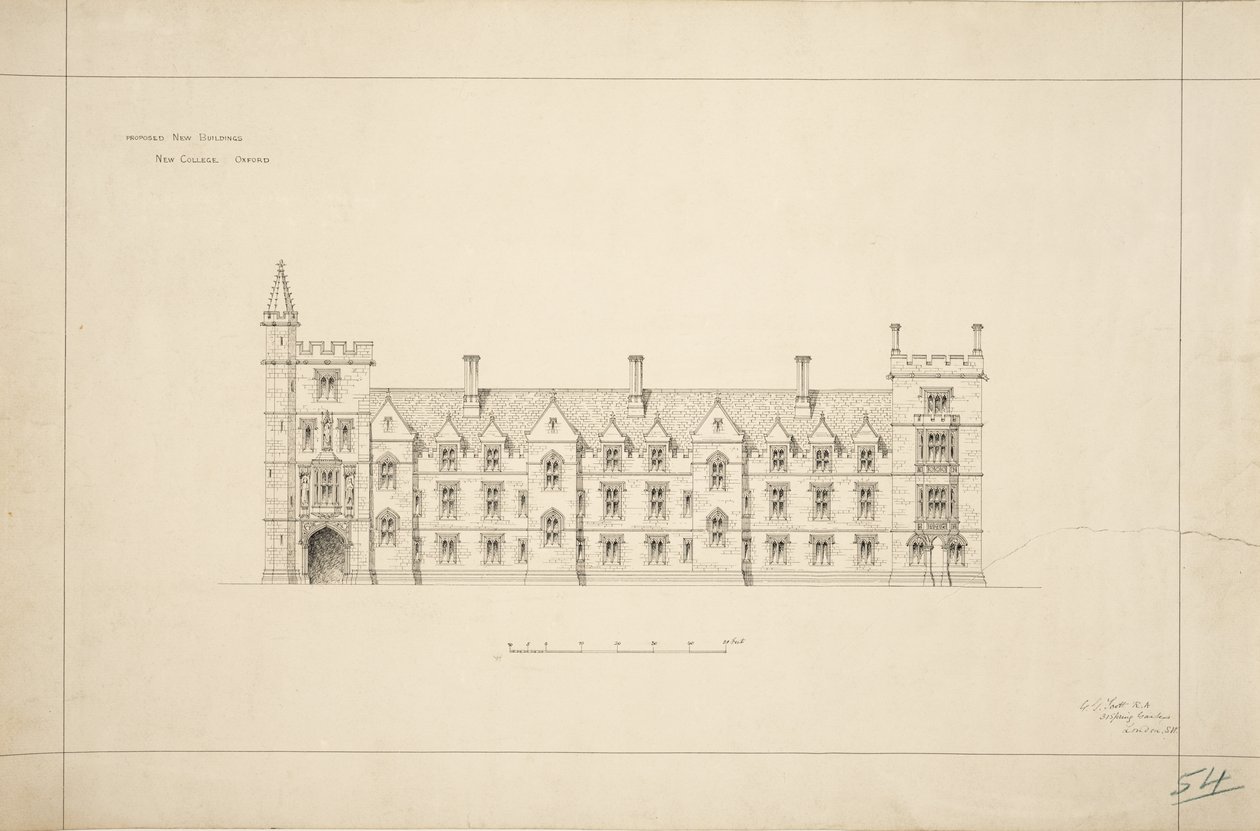 New College Oxford: Javasolt új épületek, 1870-79 (tinta papíron) alkotó: George Gilbert Scott