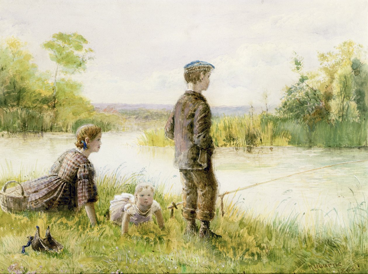 Gyermekek horgásznak a patak mellett alkotó: George Goodwin Kilburne