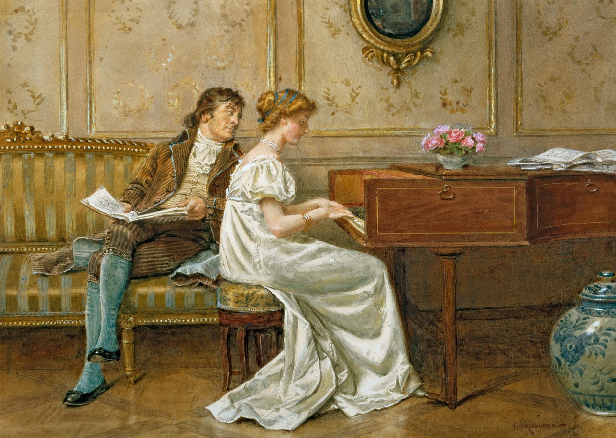 Az új Spinet (ceruza, wc és gouache papíron) alkotó: George Goodwin Kilburne