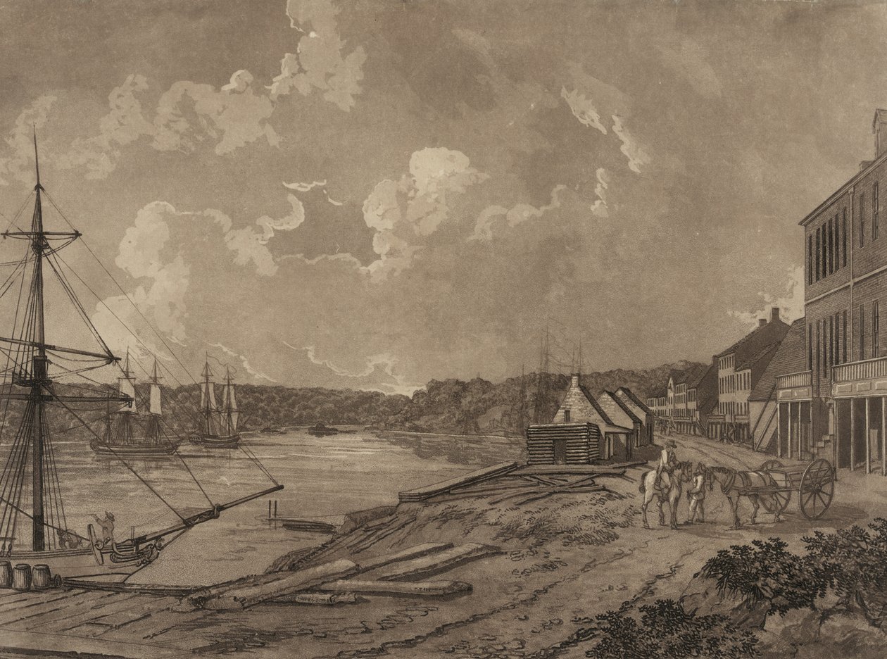 Kilátás Washington város külvárosára (Georgetown vízpart), 1795 körül (akvatinta) alkotó: George Isham Parkyns