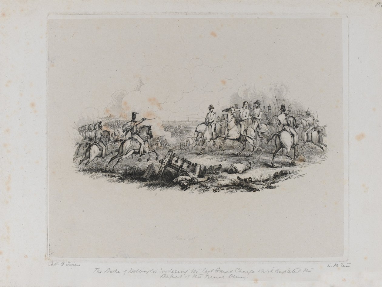 Az emlékezetes waterlooi csata – Wellington hercege elrendelte az utolsó nagy rohamot, amely befejezte a francia hadsereg vereségét, Samuel Mitan metszete, 1817 alkotó: George Jones