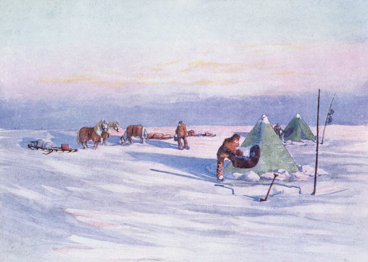 A tábor szervezése, illusztráció a „Nimród az Antarktiszon 1907-2009-ben”, Sir Ernest Shackleton (1874-1922) alkotó: George Marston