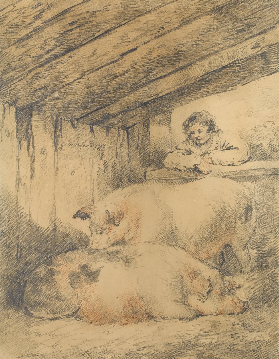 A disznóól, 1792 (ceruza piros-fehér krétával papíron) alkotó: George Morland