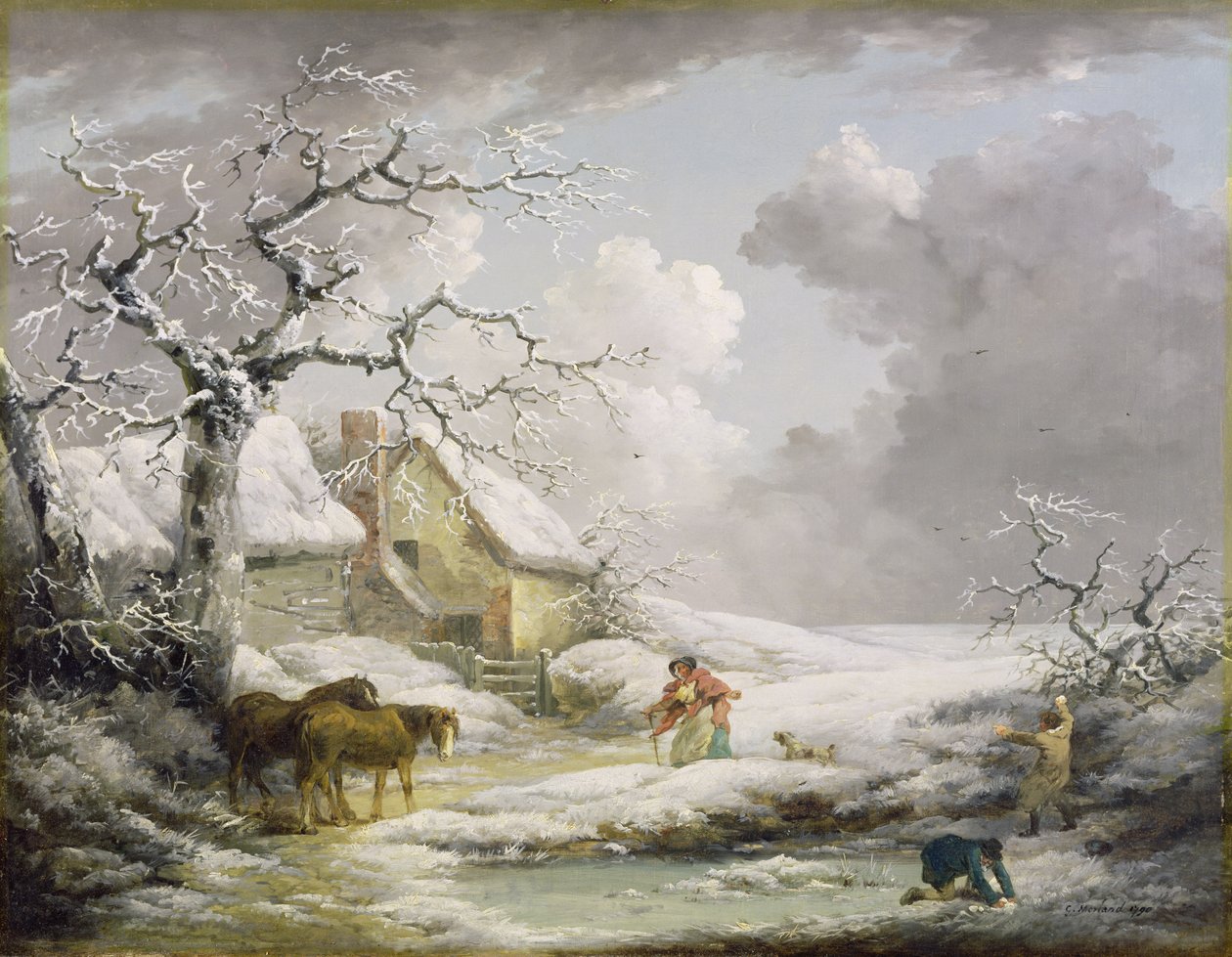 Téli táj egy öregasszonnyal hógolyózó férfiakkal, 1790 alkotó: George Morland