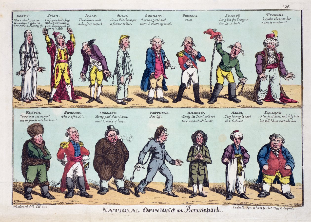 Nemzeti vélemények Bonaparte-ról, 1808. április 20-án (színezett rézkarc) alkotó: George Moutard Woodward