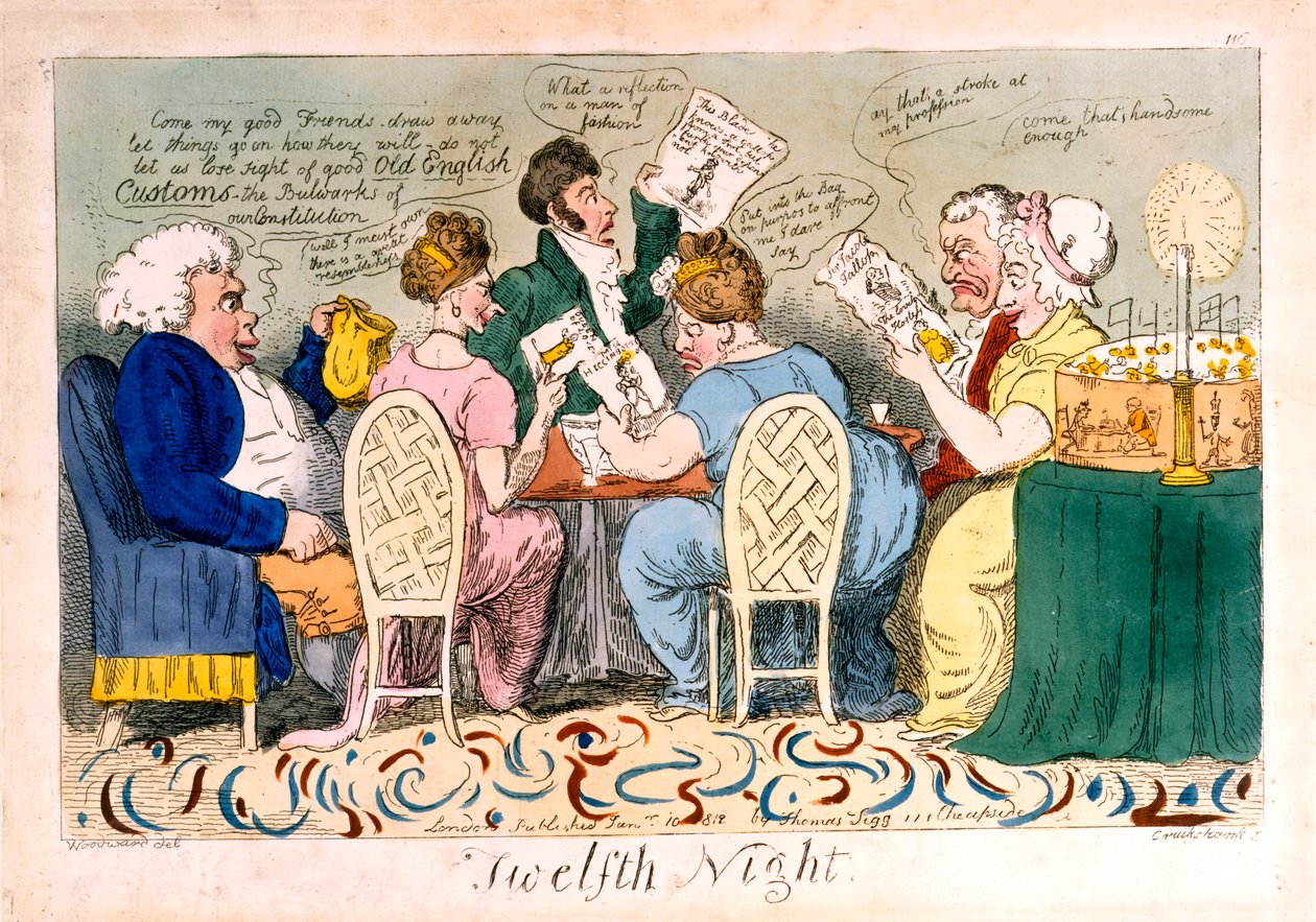 Tizenkettedik éjszaka, Isaac Cruikshank (1764–1811) rézkarca, Thomas Tegg (1776–1845) nyomda, 1819 (kézzel színezett rézkarc) alkotó: George Moutard Woodward