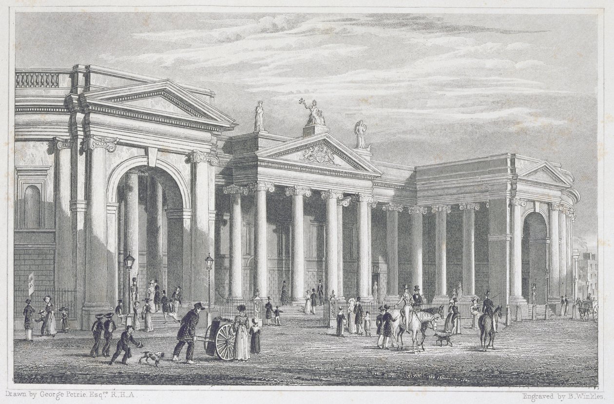 A dublini Bank of Ireland déli portikusa, eredetileg a Parlament épülete, metszett B. Winkles alkotó: George Petrie