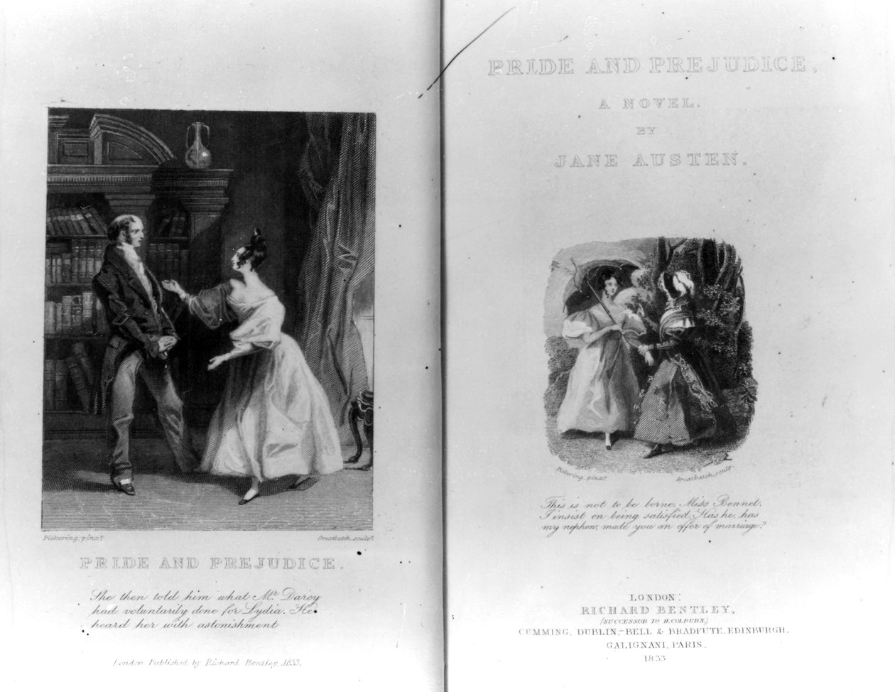 Jane Austen "Büszkeség és balítélet" című művének címlapja és címlapja, William Greatbach metszete, 1833-ban megjelent kiadás. alkotó: George Pickering