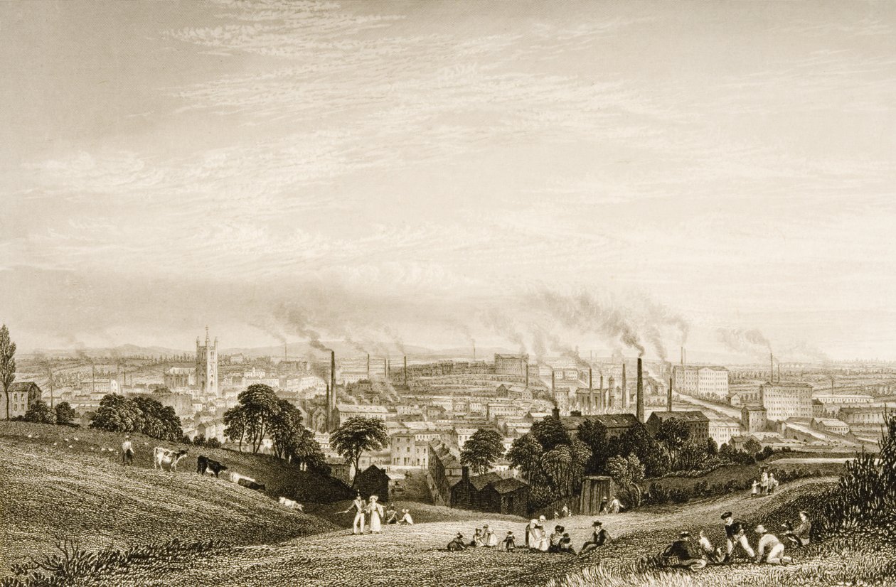 Stockport, Lancashire, pamutgyárakat ábrázoló általános látképe, kiadta J.C. Varrall (1815-27) 1830-as évek alkotó: George Pickering