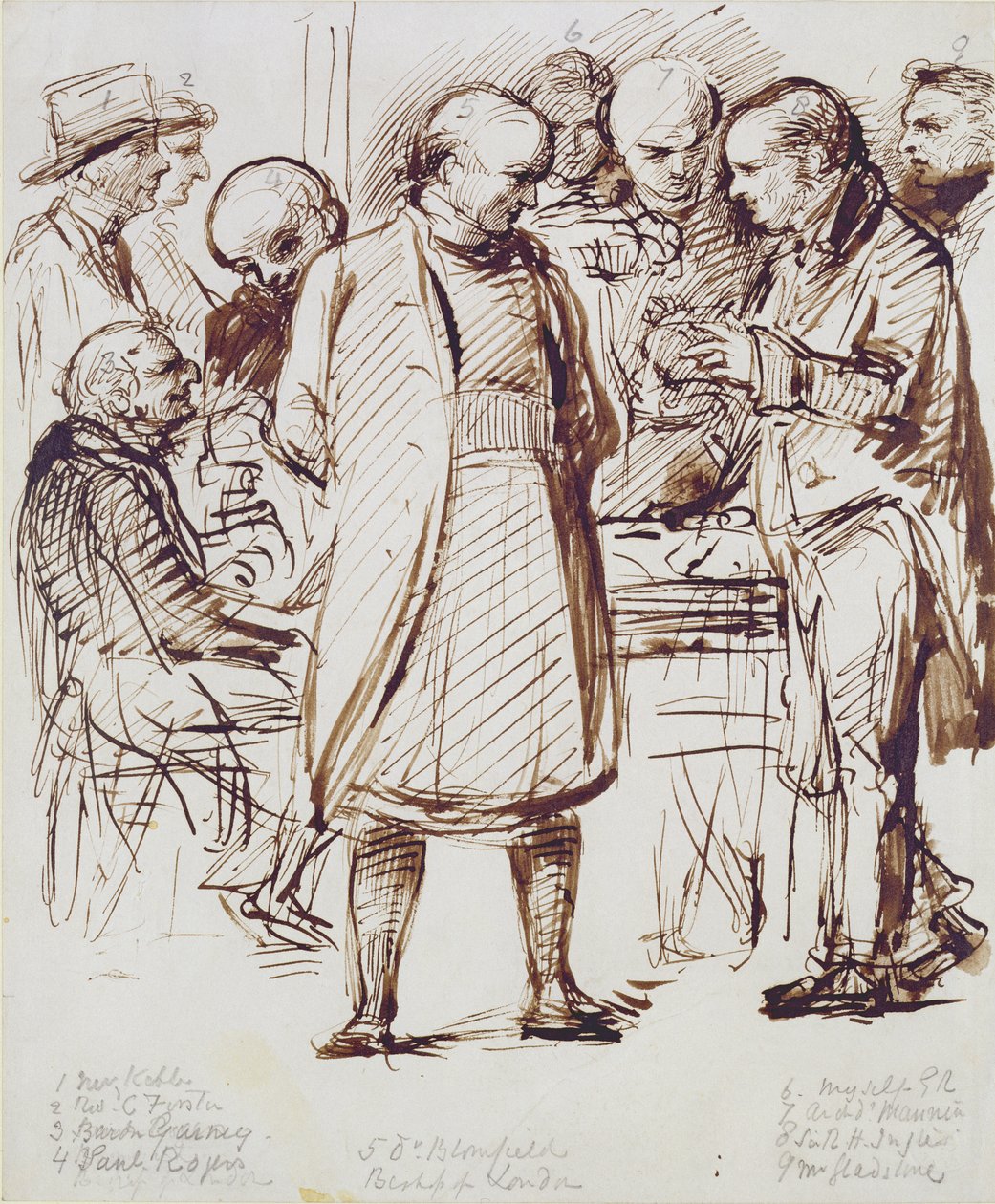 Egyháziak és politikusok egy csoportja, köztük John Keble (1792-1866) és William Gladstone (1809-98) a londoni püspökkel a Fulham-palotában beszélgetve (toll, barna tinta és csonk) alkotó: George Richmond