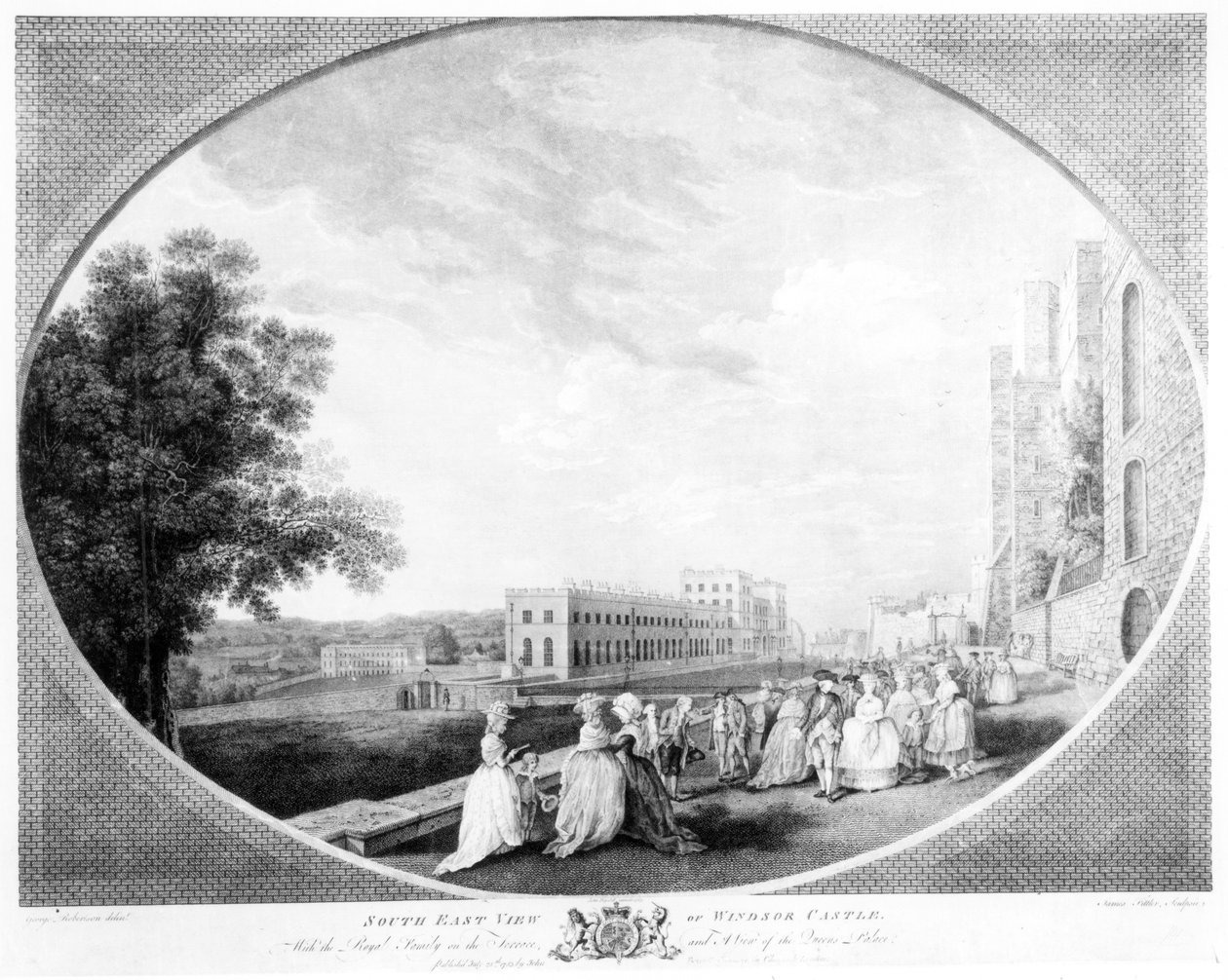 Délkeleti kilátás a windsori kastélyra, a királyi családdal a teraszon és kilátással a királynői palotára, James Fittler metszet, 1783 alkotó: George Edward Robertson