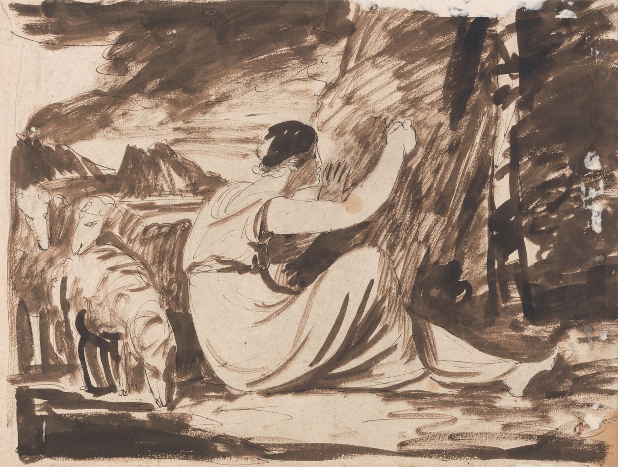 Pásztornő feliratot vág a fára alkotó: George Romney