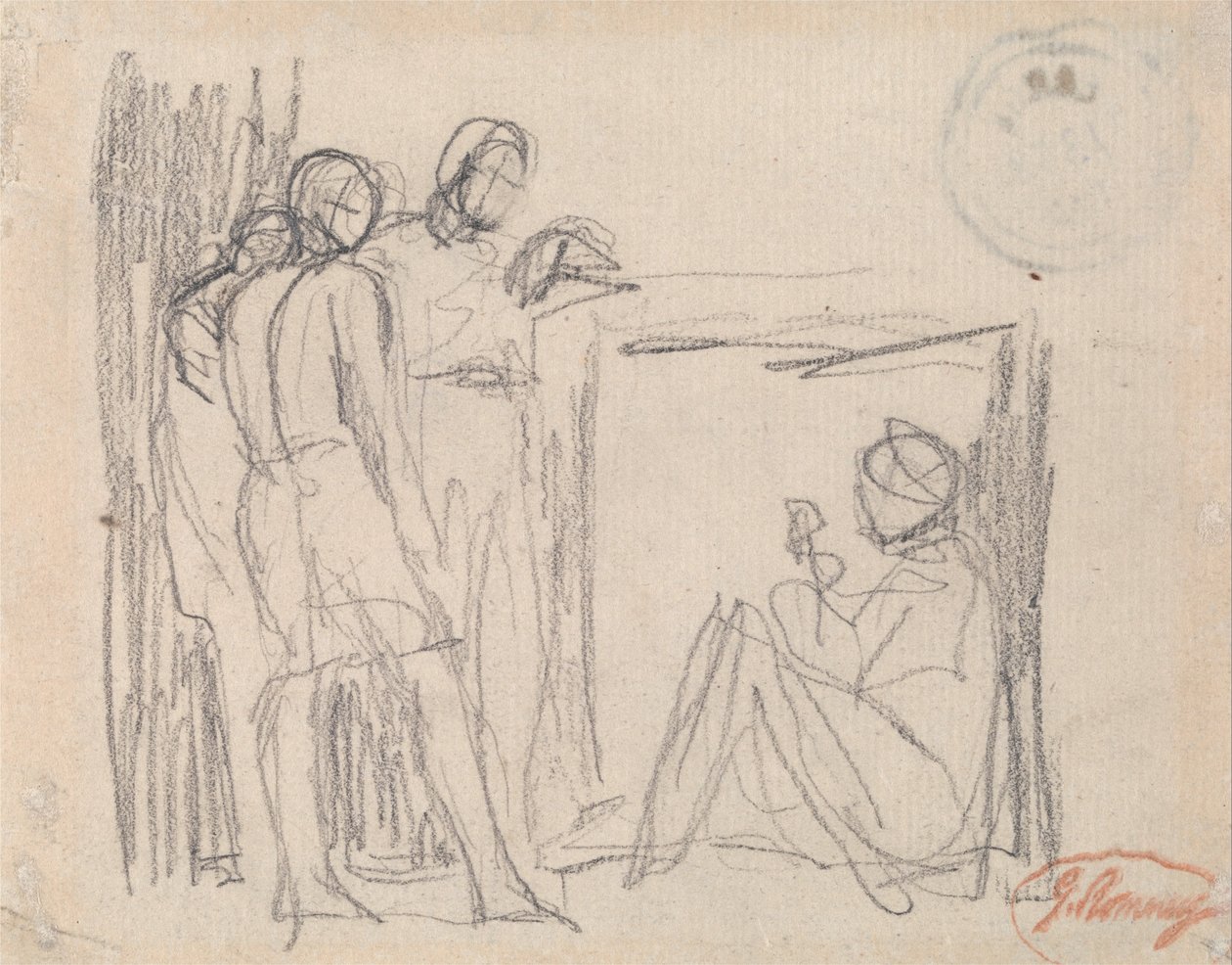 Három álló ábra az ülő ábra előtt alkotó: George Romney