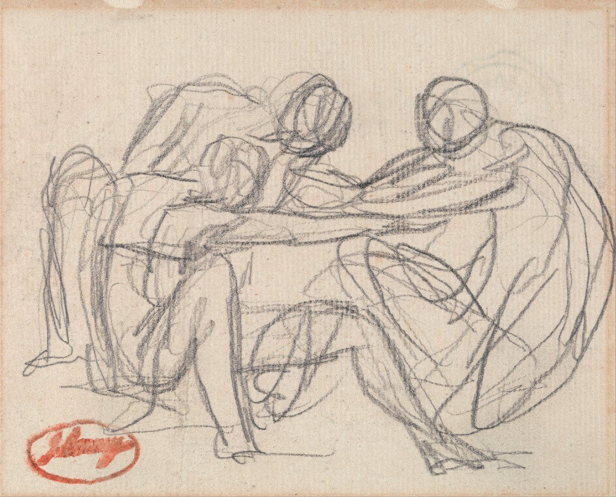 Két térdelő figura küzd az ülő figurával alkotó: George Romney