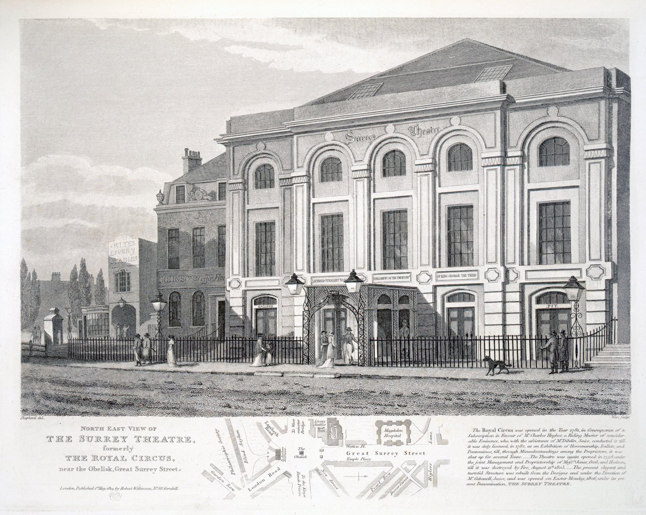 A Surrey Színház északkeleti képe, korábban The Royal Circus, az obeliszk közelében, Great Surrey Street, vésette William Wise (fl.1790-1818), pub. írta: Robert Wilkinson, London alkotó: George Shepherd