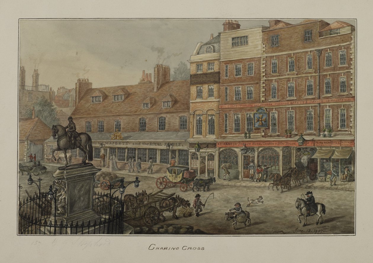 A Charing Cross képe lóvontatású járművekkel, figurákkal és a Dublin Hotel Tavern and Coffee House-val, 1807 (wc papíron) alkotó: George Shepherd