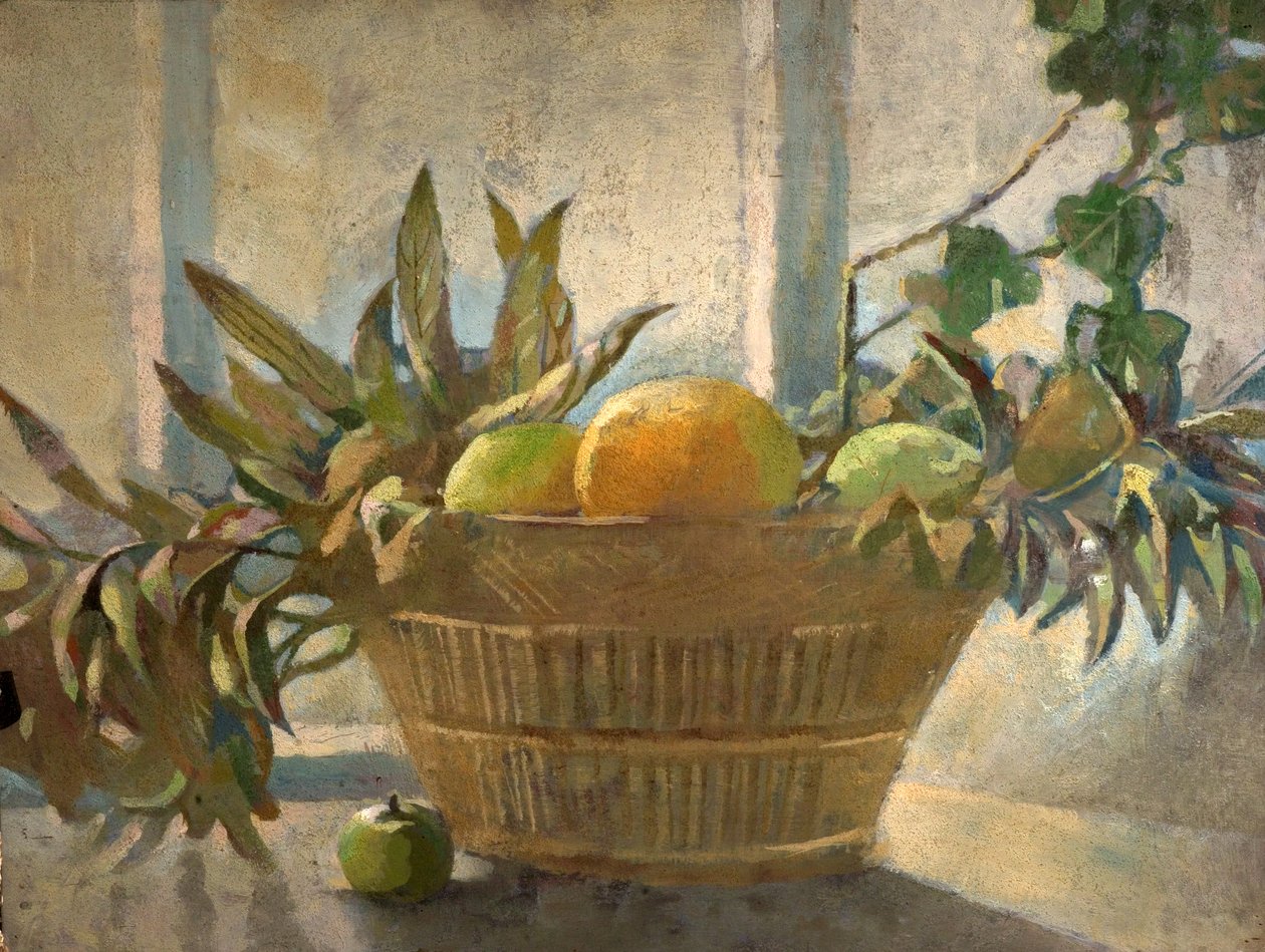 Gyümölcs és levelek kosárban (tempera fán) alkotó: George Sheringham