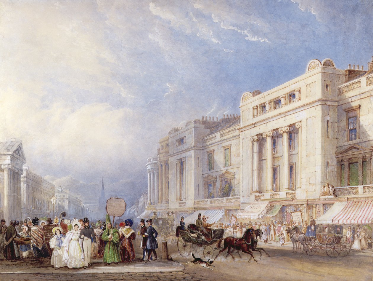 A londoni Regent Street északra néz, jobb oldalon Dickins és Jones, bal oldalon a Hannoveri kápolna, 1835 (wc und gouache over ceruza) alkotó: George Shepherd
