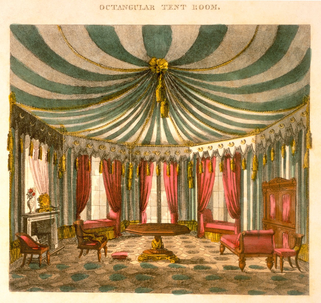 Nyolcszögletes sátorszoba, a Szekrénykészítő és Kárpitos Útmutatóból, teljes rajzkönyvként, Pub Jones und Co, Smith, George (1783-1869), 1826, színes metszet alkotó: George Smith