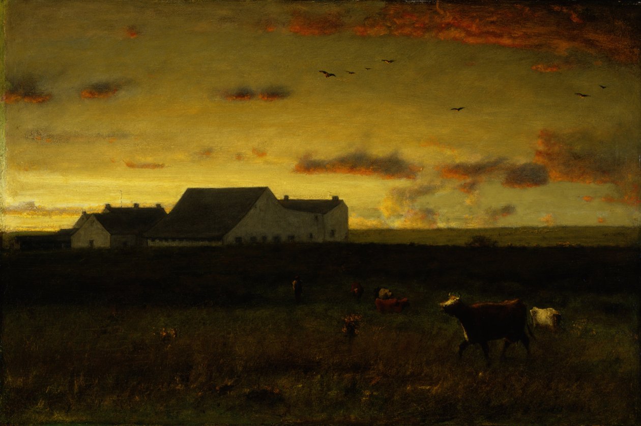 Farm táj, Szarvasmarha a legelőn, naplemente, Nantucket, 1883 körül alkotó: George Inness