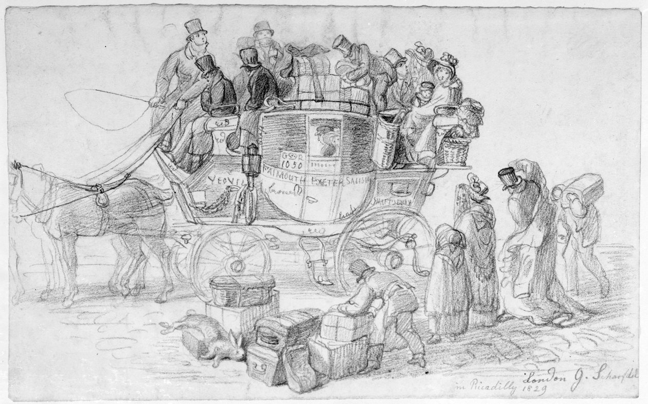 Egy West Country Mail Coach elhagyja Piccadillyt, 1829 alkotó: George Snr Scharf