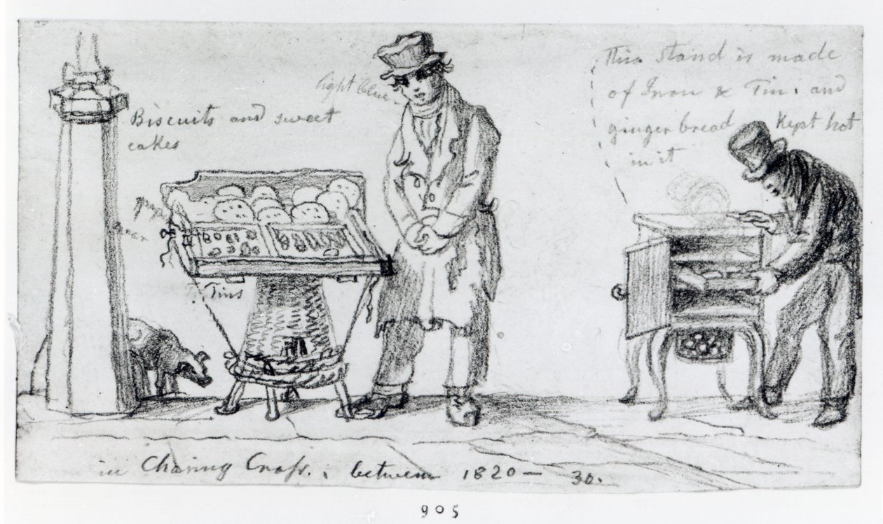 Keksz- és mézeskalács standok a Charing Crossnál, 1820-30 alkotó: George Snr Scharf