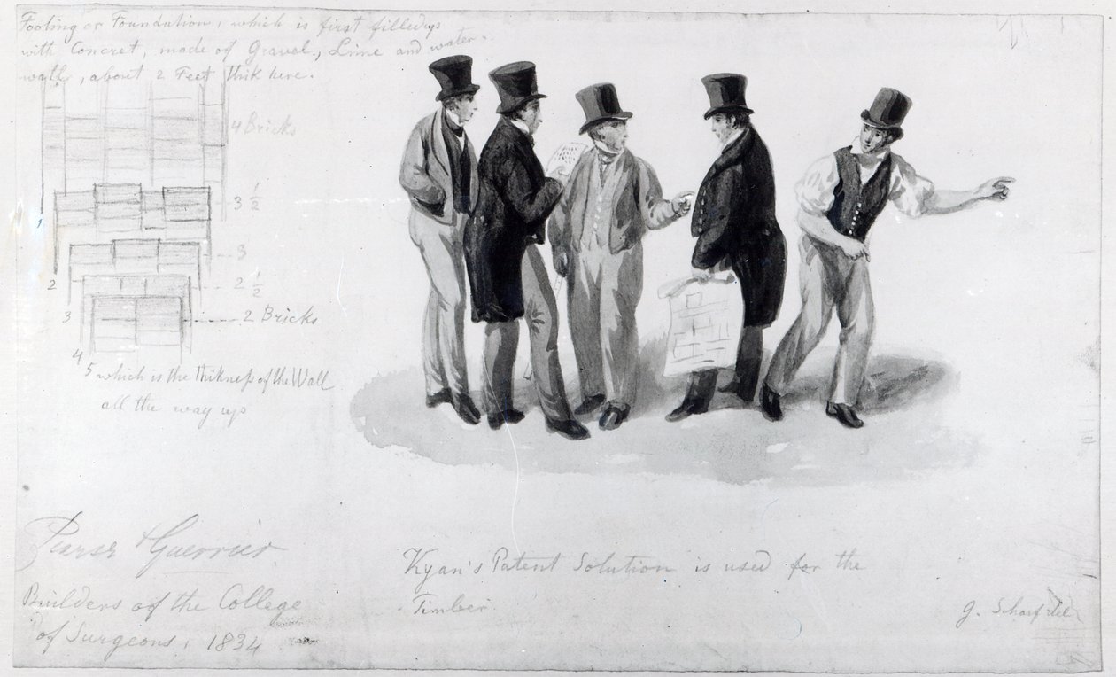 Építők, földmérők és építészek a Royal College of Surgeons épületében, 1834 alkotó: George Snr Scharf