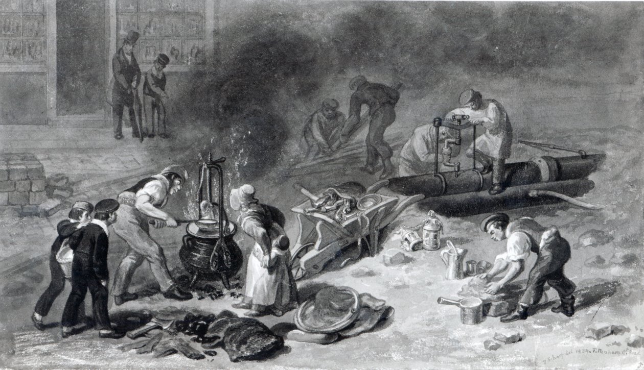 A vízvezeték lefektetése a Tottenham Court Roadon, 1834 (akvarell papíron) alkotó: George Snr Scharf