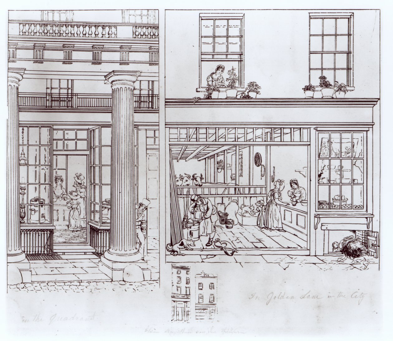 The Quadrant, Regent Street és Golden Lane, London, 1829 körül (toll papíron) alkotó: George Snr Scharf