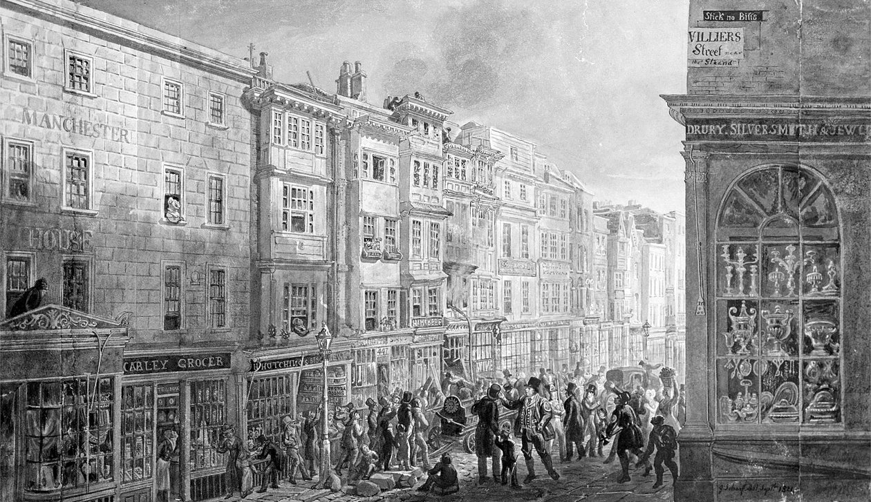 Strand a Villiers utca sarkáról, 1824 (wc papíron) alkotó: George Snr Scharf