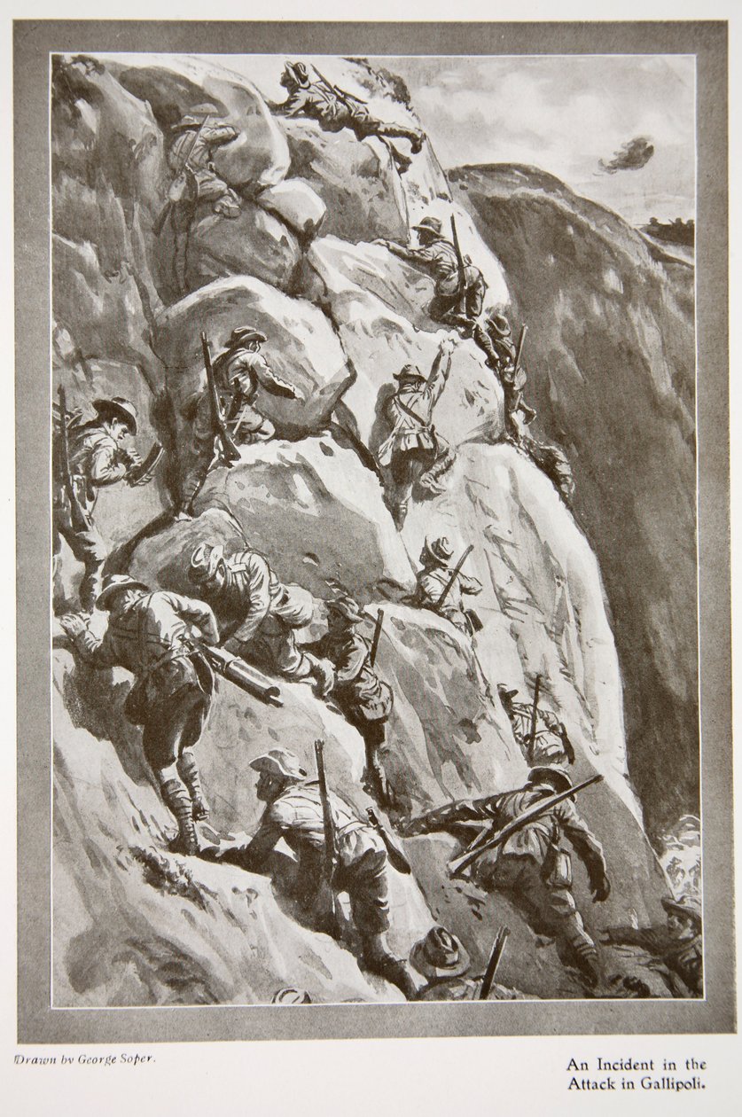 Egy incidens a gallipoli elleni támadásban, „Az 1915-ös év: a figyelemre méltó eredmények és események feljegyzése”, 1915 alkotó: George Soper