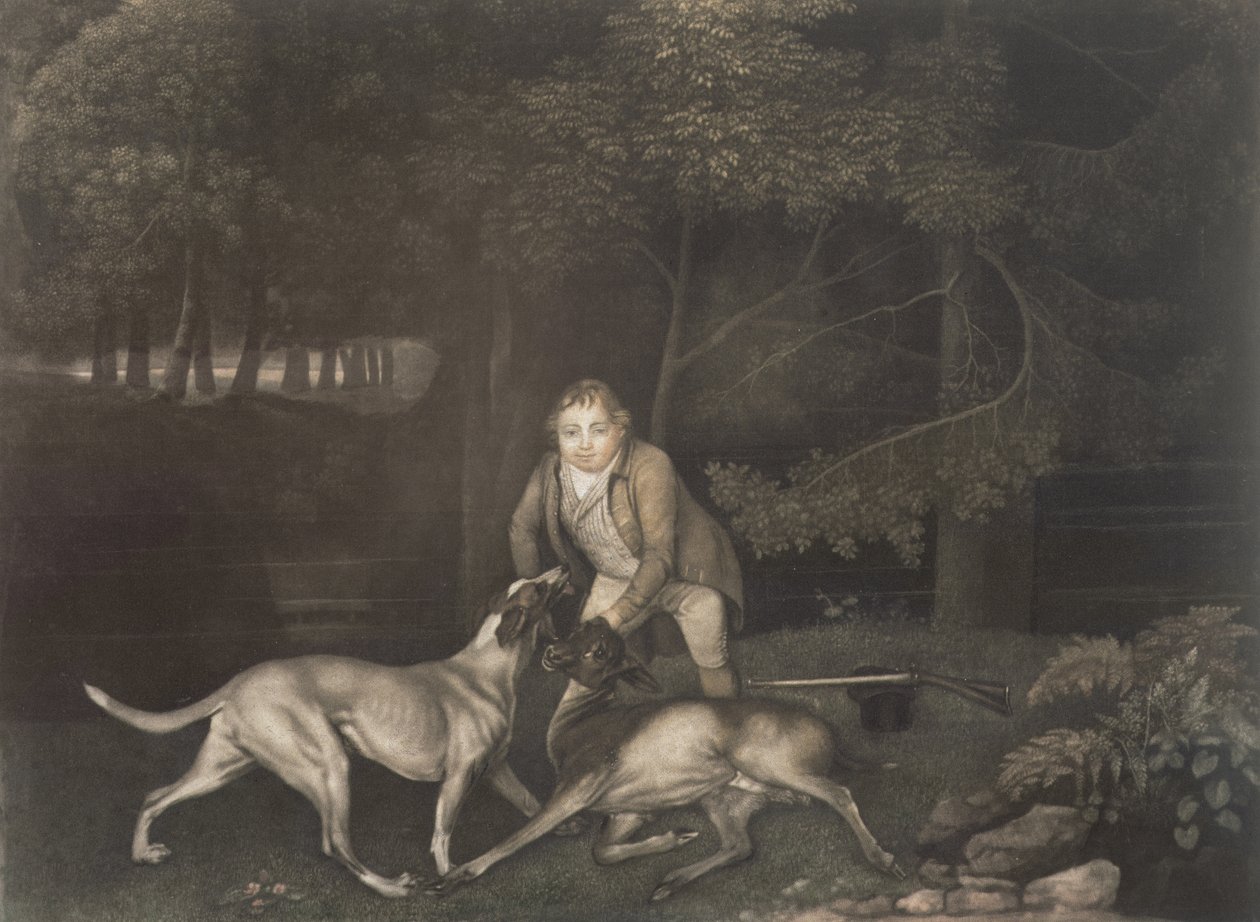 Freeman, Clarendon gróf őrzője, vadászkutyával és egy sebesült őzike, 1804 (mezzotint) alkotó: George Stubbs