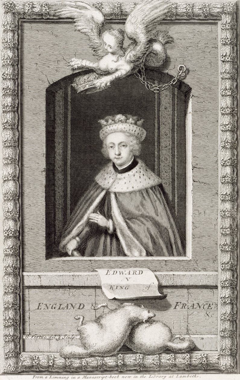 V. Edward (1470-83) Anglia királya 1483-ban, a művész által metszett portré után egy könyvben alkotó: George Vertue